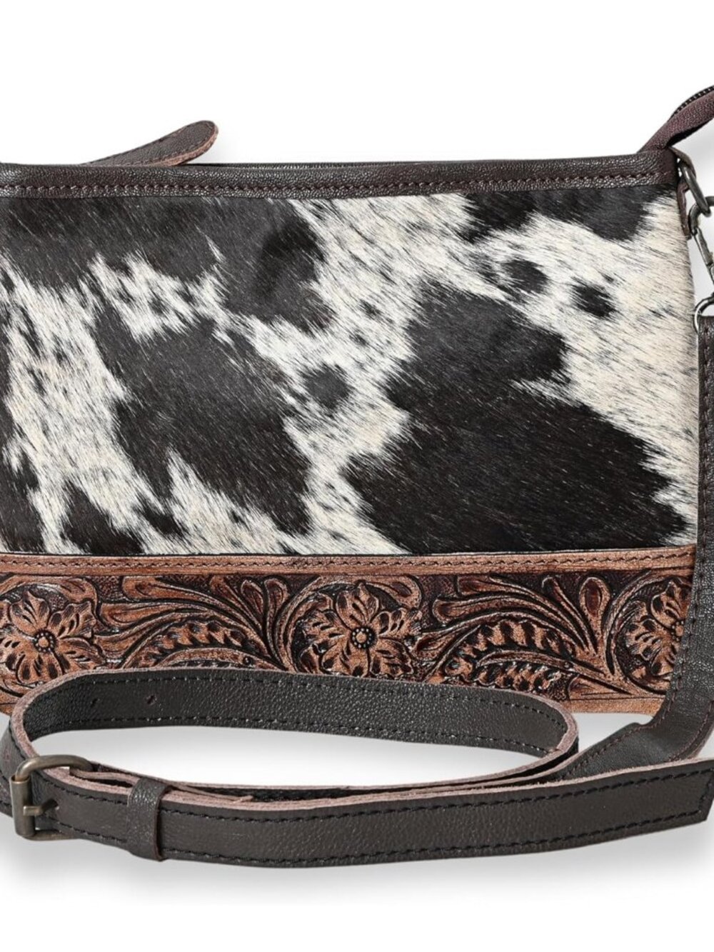 Western Cowhide Tooled Leather Small Crossbody Bag Cowgirl Fashion Purse with Ad